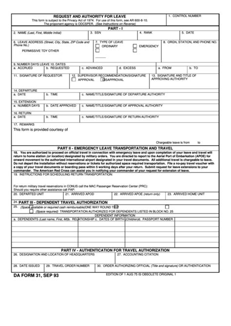Fillable DA Form 31 .